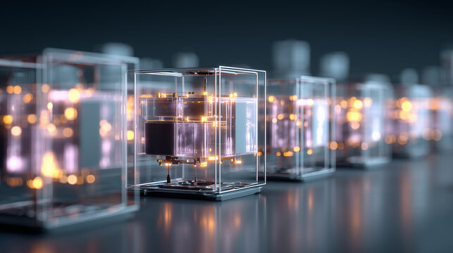 Transparent technological cubes aligned in perspective, symbolizing advanced computing architecture, modular systems and digital innovation.
