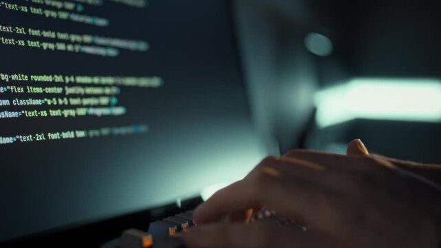 An IT expert swiftly enters intricate code on a computer keyboard, utilizing machine learning algorithms and artificial intelligence tools to accelerate website development and code generation