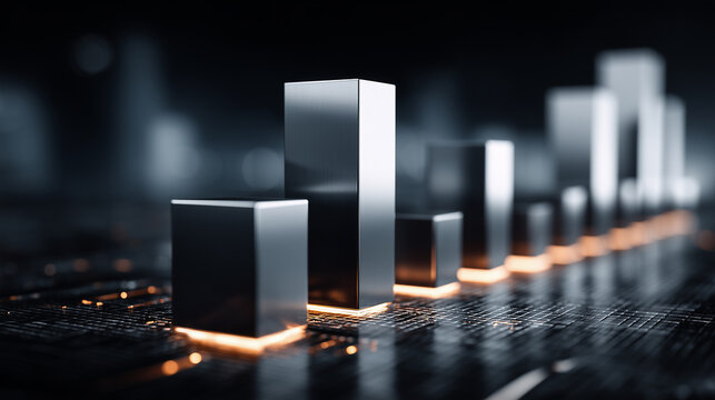Metallic chart columns on a digital platform, symbolizing business analytics, market performance and financial growth measurement.
