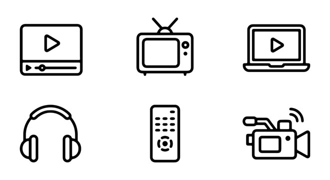 Media icons, video symbols, play buttons, audio equipment, vector graphics