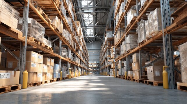 Organized warehouse aisle with pallets and stacked cartons for storage