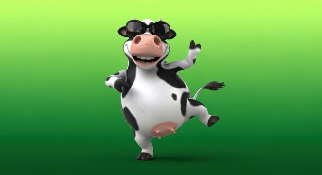 A cheerful cartoon cow wearing sunglasses dances on a green background with a happy expression and raised hoof in a fun scene