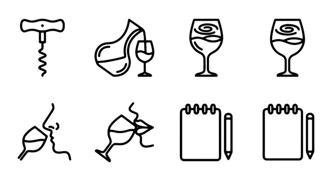 Wine, icons, wine glasses, corkscrew, notebook, vector illustrations
