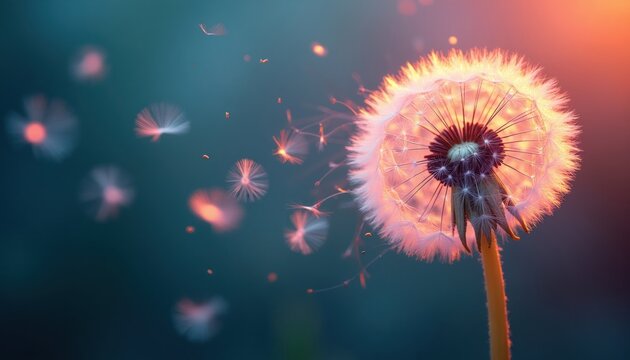 Close-up of dandelion seeds blowing in wind against blurred teal and orange background. Light glows through delicate fluffy plant. Seeds fly and float.