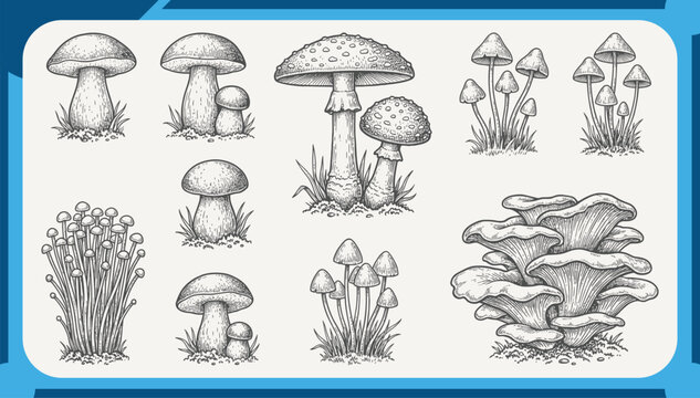 Large Collection of Hand Drawn Mushroom Icons Featuring Wild Forest Fungi, Porcini, Amanita, Oyster Mushrooms and Vintage Botanical Sketch Graphic Elements Vector Set