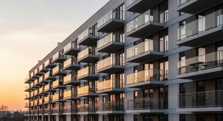 Obraz premium Modern apartment building with balconies at sunset golden hour