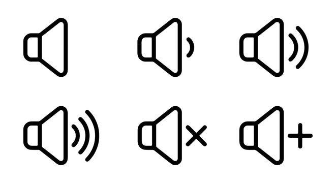 Sound wave icons, speaker symbols, volume control graphics, audio signals, media player elements