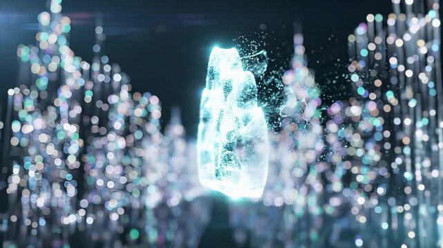 Glowing digital cloud computing symbol floating over bokeh city night background. Data storage network and smart internet infrastructure technology for virtual server hosting and transfer services