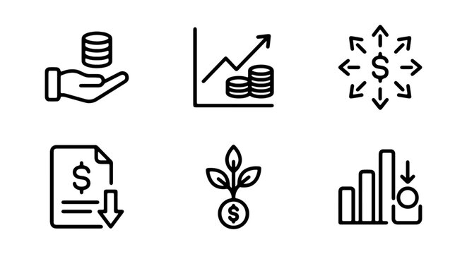 Financial icons, money symbols, business signs, investment graphics, 6 black line icons