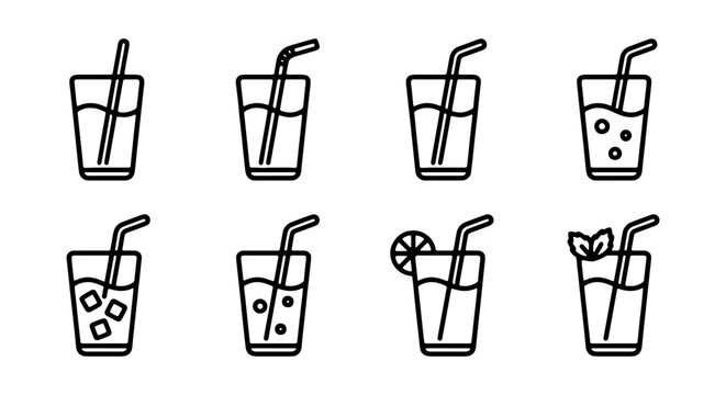Refreshing drinks, beverage icons, glass with straw, soda illustrations, vector set