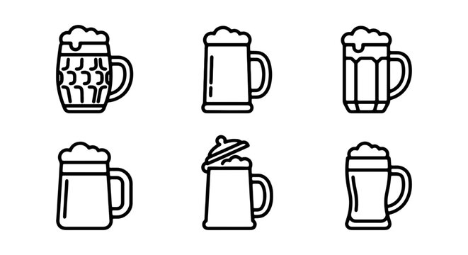 Beer Mug Icons, Hand Drawn, Black Line Art, Drinking Glasses