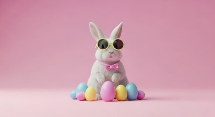 Fototapeta premium A white rabbit wearing sunglasses and a bow tie sitting with colorful easter eggs on a pink background