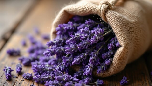 Bundled dried lavender flowers spill from a rustic burlap sack onto a wooden table. Purple blossoms offer natural scent and aromatherapy benefits for a calming atmosphere and decor.