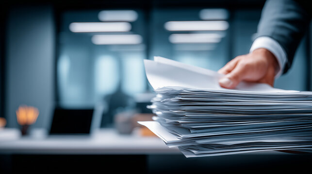 A hand sorting a large stack of documents, symbolizing business administration, paperwork management and corporate workflow.
