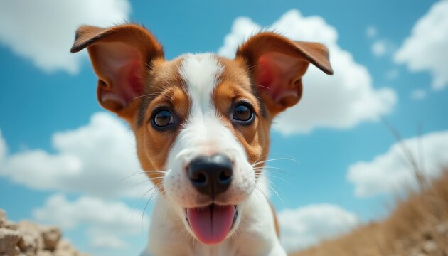 Close up photo of a happy dog face, panting with tongue out. Bright blue sky with white clouds forms background. A cute puppy looks curiously, showing its ears and snout.