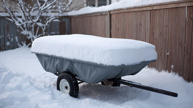 Small utility trailer covered in fresh white snow during winter weather, parked outdoors near a wooden fence and bare tree branches