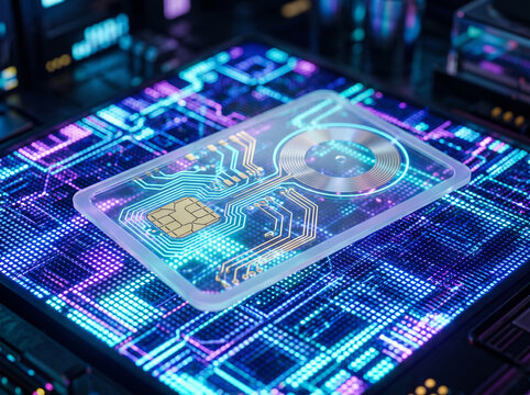 Futuristic digital banking card and circuit board background