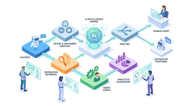 Isometric AI Customer Service Workflow Infographic with Chatbot, Sentiment Analysis and Analytics Dashboard for Digital Business Transformation