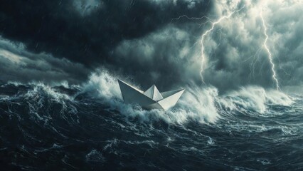 Obraz premium Paper boat adrift on stormy sea with lightning in sky