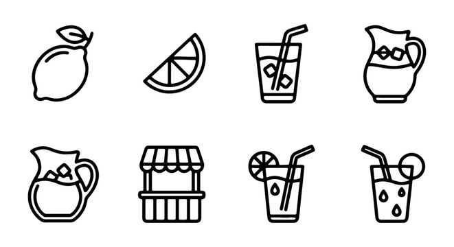 Lemonade Stand Icons, Refreshing Drinks, Summer Refreshment, Citrus Fruit Vector Set