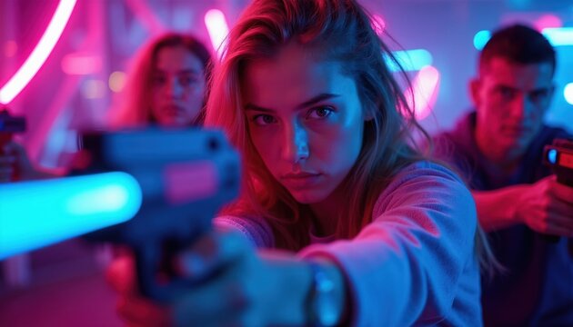 Young woman aims laser gun in dark arena. Friends play laser tag game with neon lights. People enjoy fun combat, shooting competition, team activity, adventure.