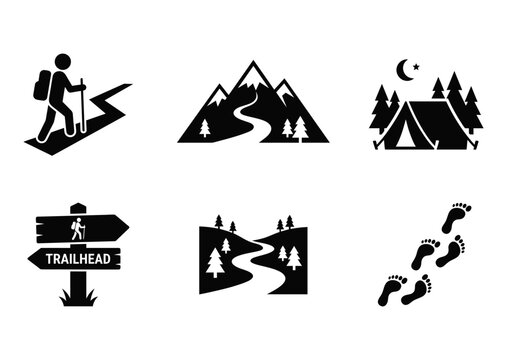 6 Hiking icons mountain trail camping tent footprints, outline solid styles, UI and web interface design