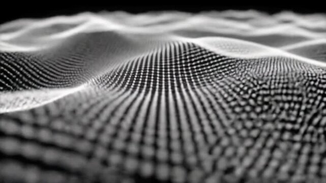Mesmerizing luminous white lines undulate across an infinite deep black void, hypnotic visual texture with soft bloom. Concept of futuristic data stream