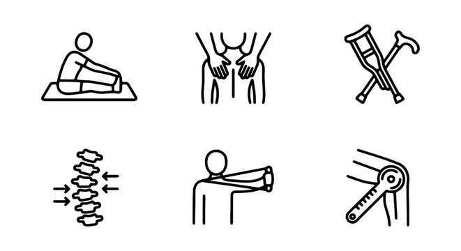 Physiotherapy line icons set, physical therapy symbols, 6 rehabilitation vector elements