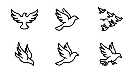 Fototapeta premium Dove icons, flying birds, black line art, minimalist design, 6 pcs