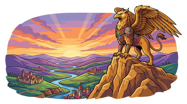 Majestic armored griffin standing atop a rugged mountain peak overlooking a serene medieval kingdom at sunrise, wide panoramic fantasy illustration for storytelling and gaming themes.