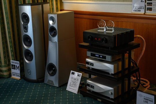Moscow, Russia - October 20, 2024: YG Acoustics Vantage Live speakers, TIERRA CLASSIC 2 integrated amplifier, dCS Vivaldi APEX audio system