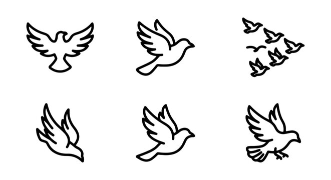 Dove icons, flying birds, black line art, minimalist design, 6 pcs