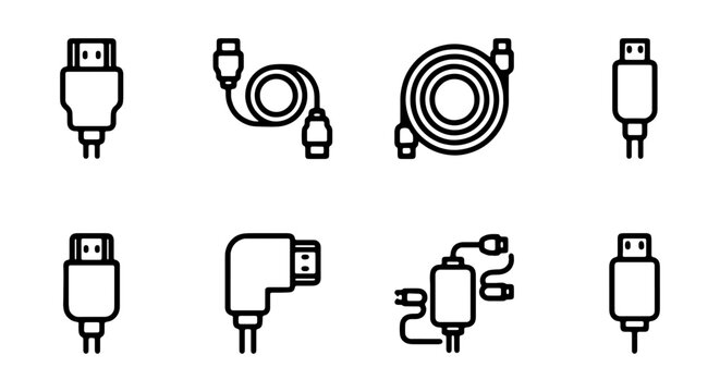 USB connectors, plugs, and cables, black line icons, vector set