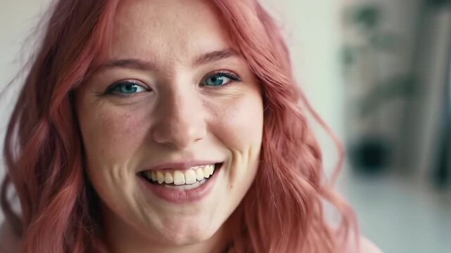 Extreme close-up of young caucasian woman with pink wavy hair, blue eyes, pink hoodie. Smile transforms to radiant joy, revealing teeth, blurred bokeh. Concept of genuine happiness.