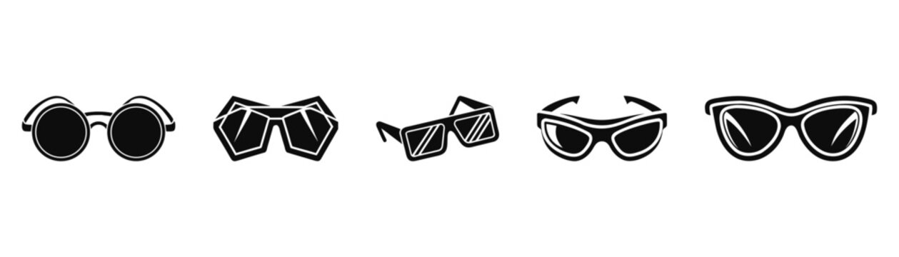 Fashion eyewear icon collection with assorted sunglasses silhouettes for summer accessories, optical store branding, beachwear styling and personal fashion catalog design.
