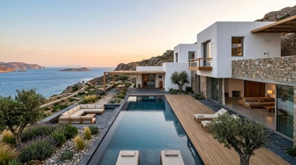 Fototapeta premium Luxury Mediterranean Escape. Modern villa with infinity pool overlooking the Aegean Sea in Greece, high-end vacation rental for luxury travel and high-end lifestyle editorial.