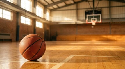 Naklejka premium Basketball on a wooden court in an empty indoor gymnasium, representing sports training, athletic preparation, and the competitive spirit of team game practice sessions.