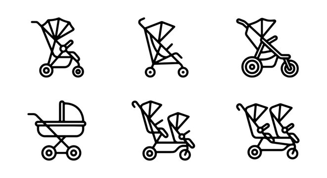 Baby strollers, pram icons, vector set, black line illustrations