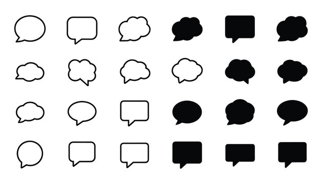 Collection of hand drawn speech bubbles and chat icons in black and white