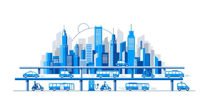 Modern city skyline with elevated highway and diverse electric vehicles, representing smart urban transportation and future mobility.