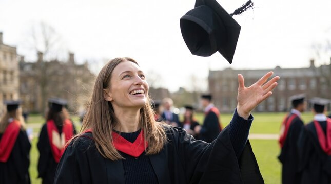 Graduate throws cap. Joyful success at university graduation celebration.