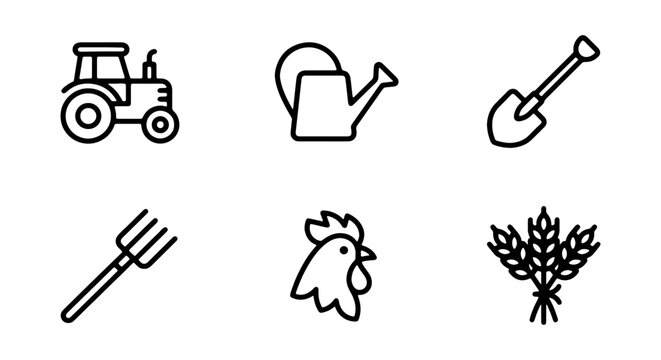 Agriculture icons, farming symbols, tractor, tools, black line art