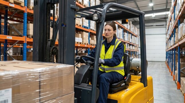 Female worker drives a forklift. Efficient warehouse logistics. Focused job performance.