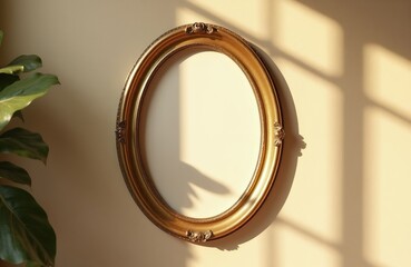 Obraz premium Ornate oval gold frame hangs on beige wall. Sunlight casts diagonal shadows across wall surface. Empty space inside frame for picture. Plant leaves visible left.