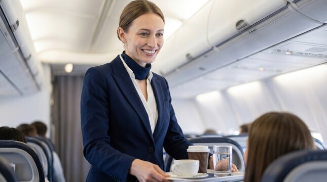 Flight attendant serving drinks. Exceptional service on board. Friendly atmosphere.