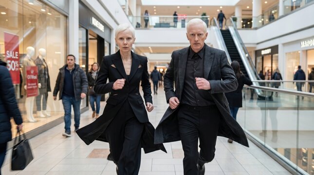 Man and woman running in a mall. A focused and urgent pursuit. High stakes atmosphere.