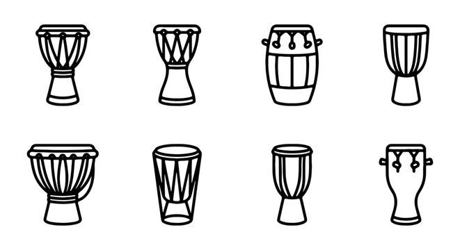 Drum icons, djembe set, vector drumheads, musical instruments