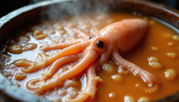 Close-up of orange octopus tentacles in rich brown sauce with white beans. Whole baby octopus submerged in savory stew, served in rustic bowl. Steam rises from hot meal.