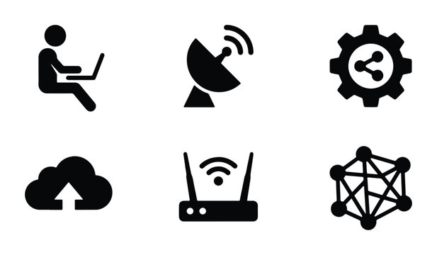 Technology Icons Set, Digital Communication Symbols, Network Connectivity Graphics, Data Transfer Icons, Internet Service Vector Collection