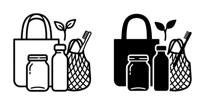 2 Zero Waste icons featuring tote bag, glass jar, reusable bottle and toothbrush, outline solid styles, UI and web interface design